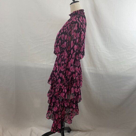 Misa Dress M Black Pink Print Gathered Neck Sleeves Waist Ruffle Long Semi-Sheer - Picture 7 of 13